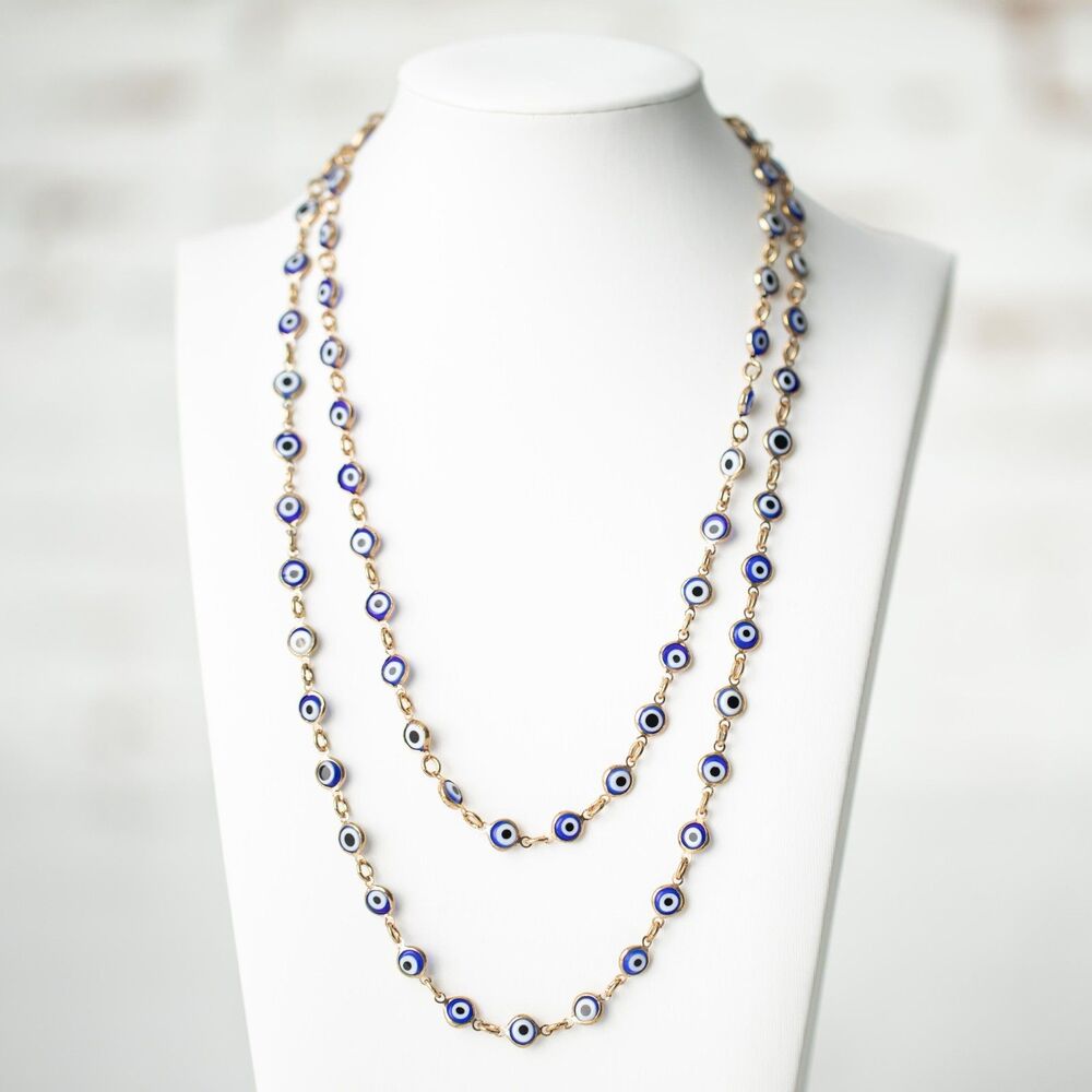 Glow by Sheila Fajl Evil Eye Necklace Gold Tone Blue White Glass Beads Vintage